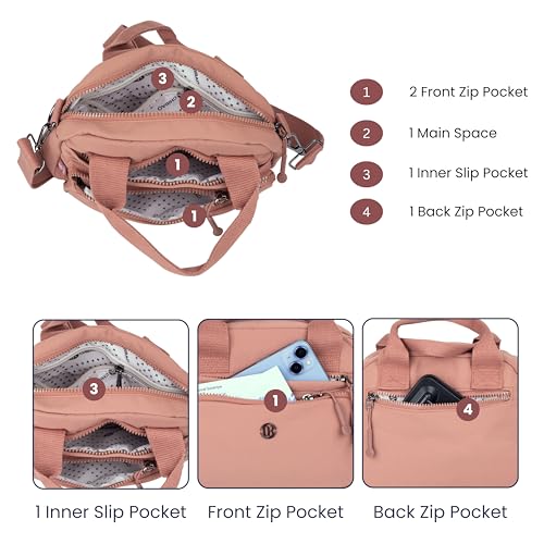 TS WITH TECHSUN Women Crossbody Sling Bag Handbag for Travel Office Shopping Casual Use, Waterproof Nylon Shoulder Purse with Adjustable Strap Multipocket Compact Organizer (Dusty Pink) - Image 3