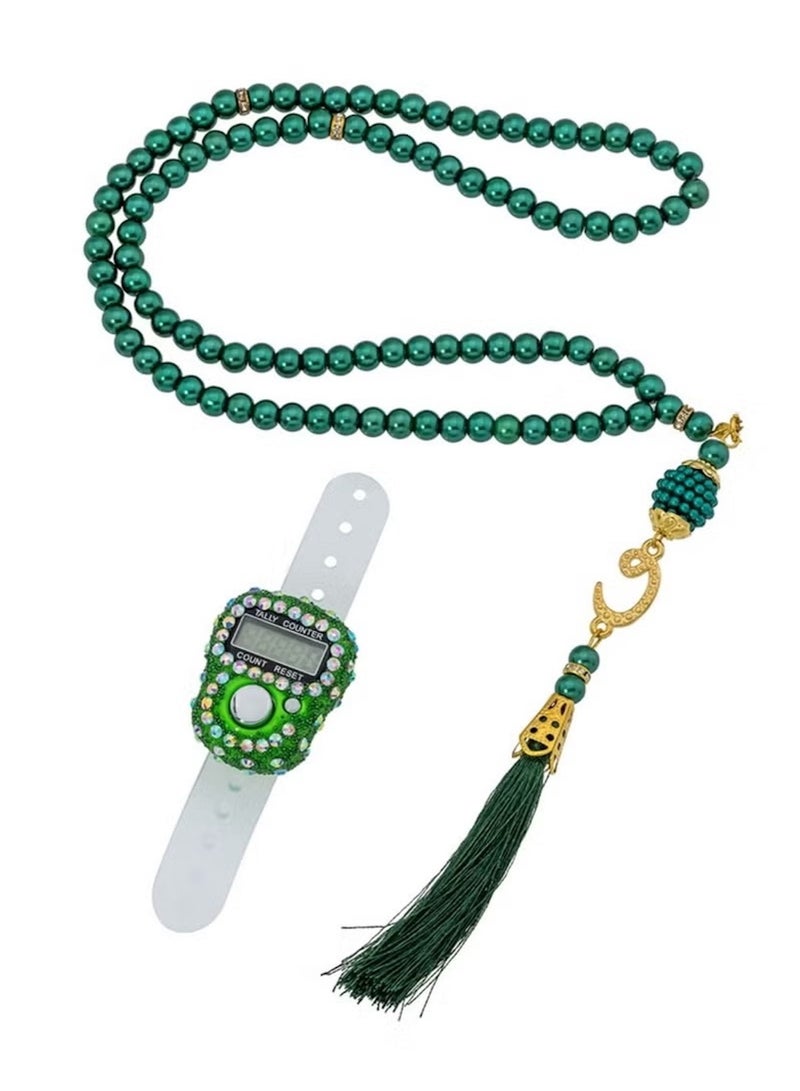 Huitich Digital Elegance 99 Glass Bead Tasbeeh Gift Set with Digital Counter Green  - Image 3