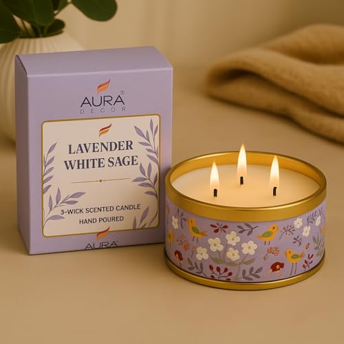 AURA DECOR AuraDecor 3-Wick Scented Tin Candle | Premium Gift Set | Hand Poured Soy Blend | Long Lasting | Home Fragrance | Relaxation & Decor (Lavender White Sage) - Image 1