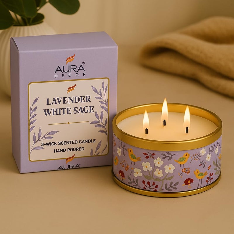 AURA DECOR AuraDecor 3-Wick Scented Tin Candle | Premium Gift Set | Hand Poured Soy Blend | Long Lasting | Home Fragrance | Relaxation & Decor (Lavender White Sage) - Image 5