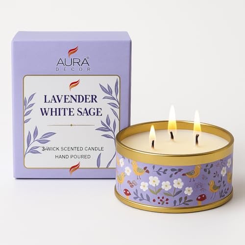 AURA DECOR AuraDecor 3-Wick Scented Tin Candle | Premium Gift Set | Hand Poured Soy Blend | Long Lasting | Home Fragrance | Relaxation & Decor (Lavender White Sage) - Image 2