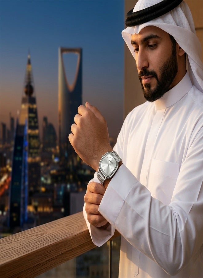 صبر ساعة عربية رجالية – ساعة يد كوارتز بتصميم مربع وسوار ستانلس ستيل، أرقام عربية واضحة، زجاج معدني، مقاومة للماء 3ATM، هدية لمحبي الساعات العربية - Image 2
