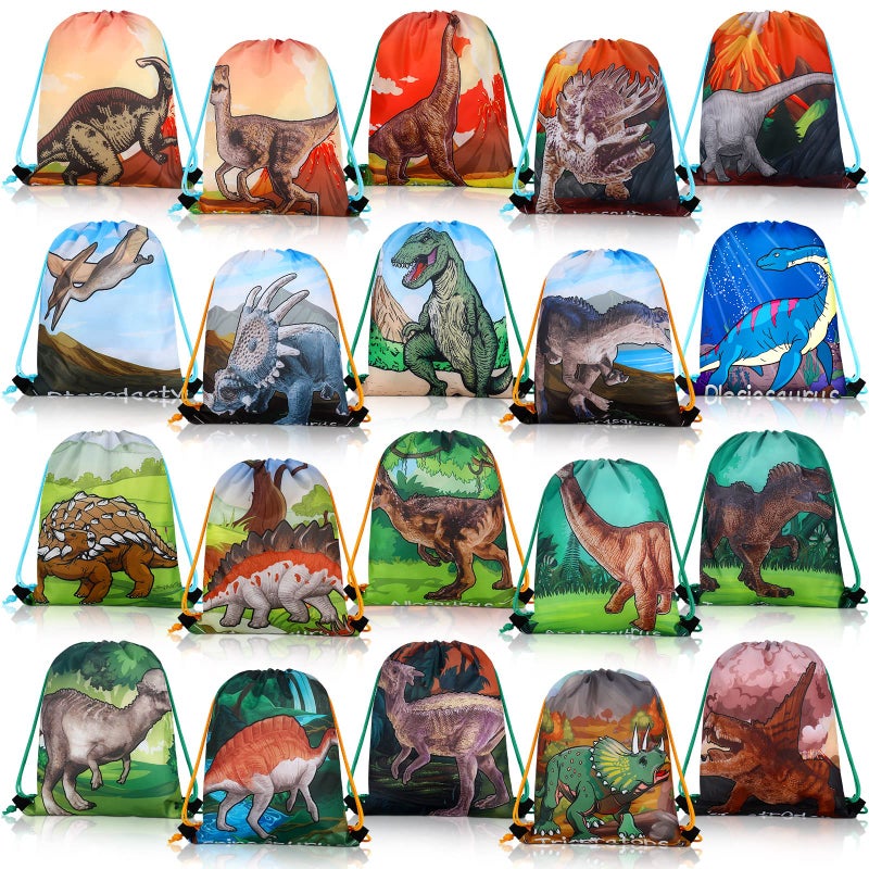 Weewooday 20 Pcs Dinosaur Party Favor Bags Drawstring Gift Goodie Treat Bag Dinosaur Candy Party Supplies Backpack for Birthday Candy DecorationBright Style