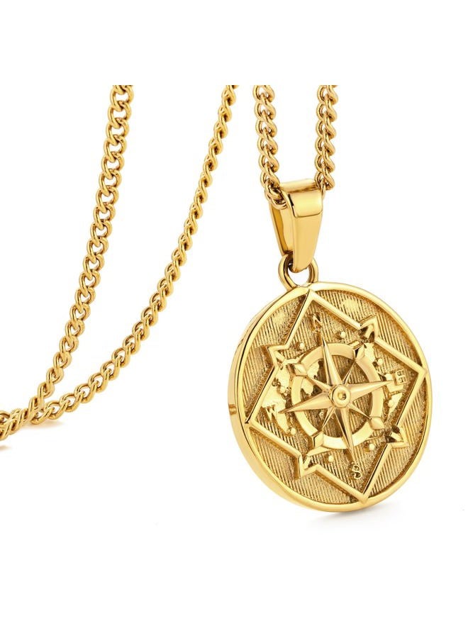 Murtoo Compass Pendant Necklace for Men Women, Silver Gold Stainless Steel Mens Necklaces Chain with Compass, Stylish Gift for Him Her (Gold, Round, 20") - Image 1
