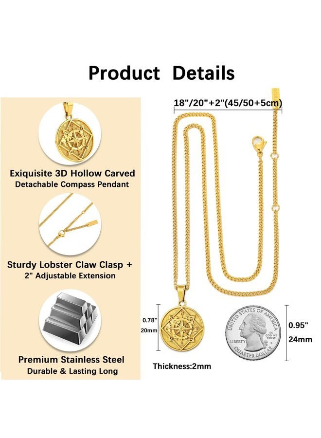 Murtoo Compass Pendant Necklace for Men Women, Silver Gold Stainless Steel Mens Necklaces Chain with Compass, Stylish Gift for Him Her (Gold, Round, 20") - Image 3