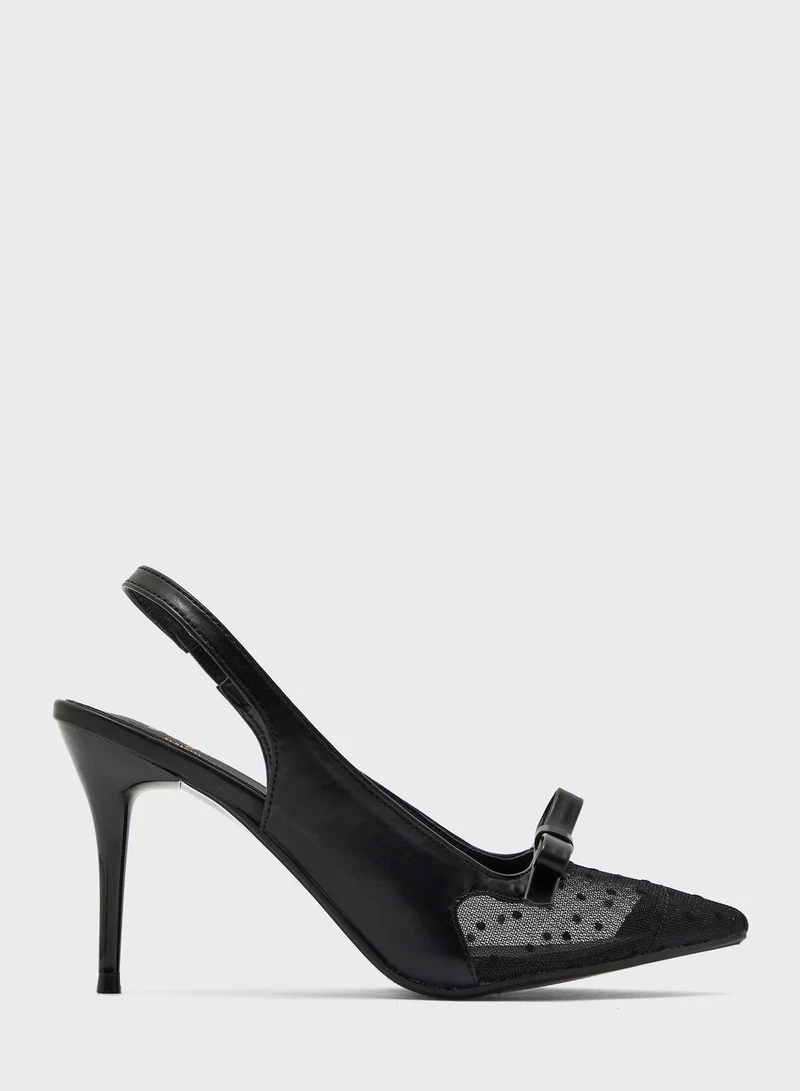 Ginger Pointed Polka Dot Netted Kitten Heel With Bow