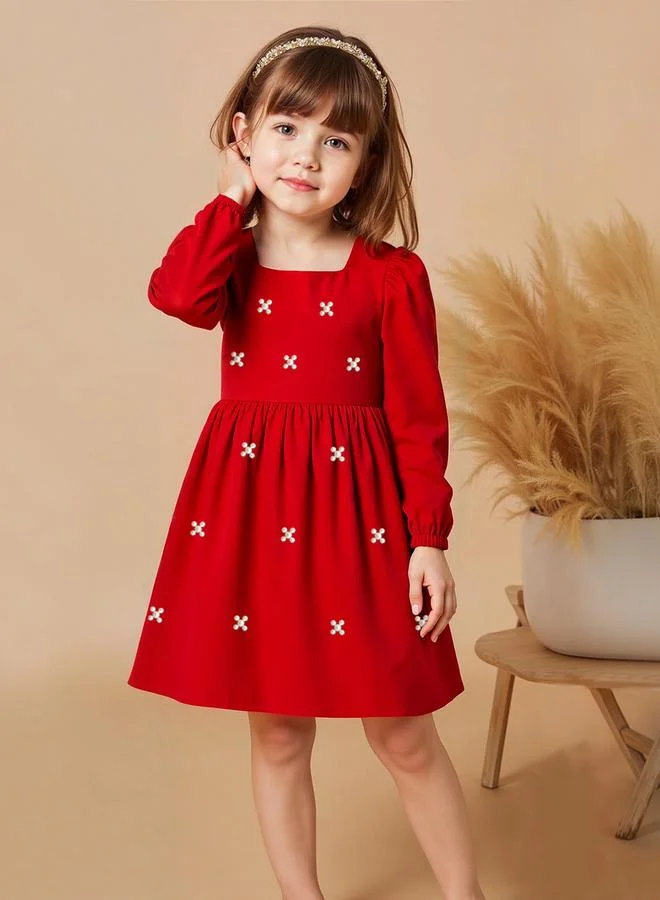 Take Two Embellished Square Neck Puff Sleeve Dress