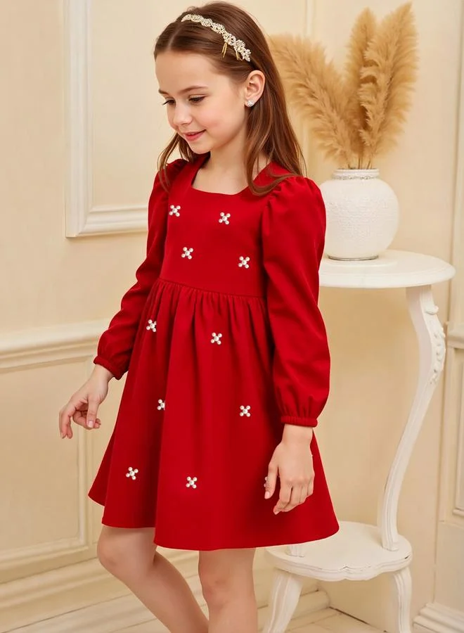 Take Two Embellished Square Neck Puff Sleeve Dress