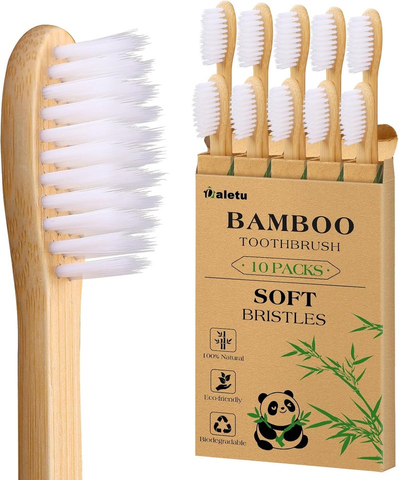 Daletu Bamboo Toothbrush Soft Bristle10-Pack, Biodegradable BPA Free Natural Toothbrush, Eco-Friendly, Wooden Organic Non-Plastic Travel Toothbrushes for Adults - Image 1