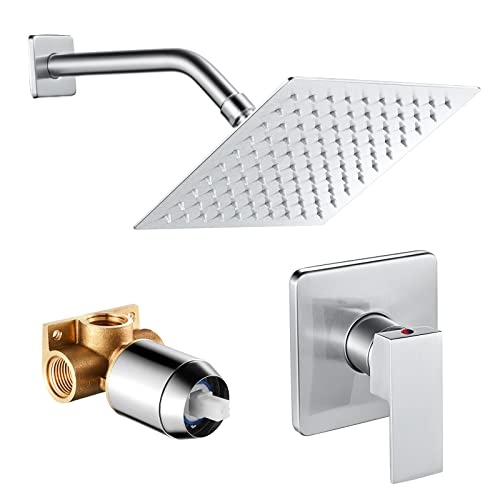 POPFLY Shower Faucet Set System, 8 Inch Square Rainfall Single Function Shower Faucet Trim Kit with Rough-In Valve, Brushed Nickle… - Image 1