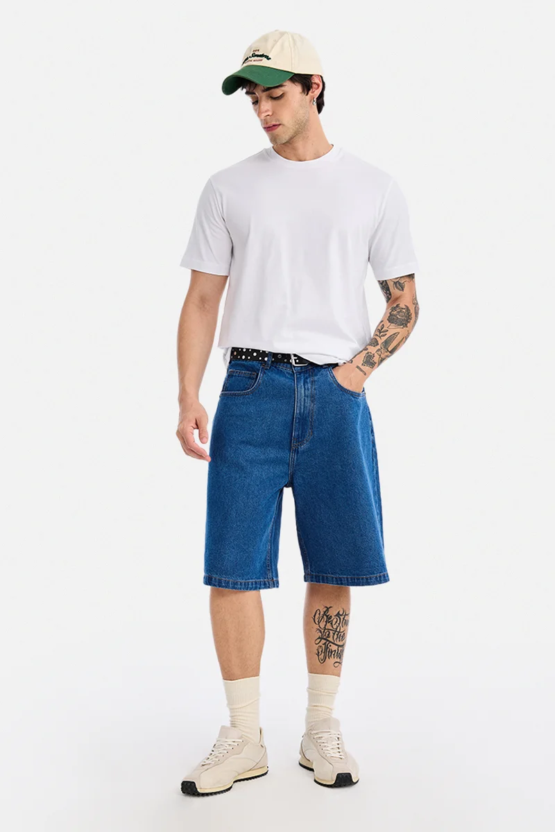 سنيتش Blue Solid Loose Fit Streetwear Shorts