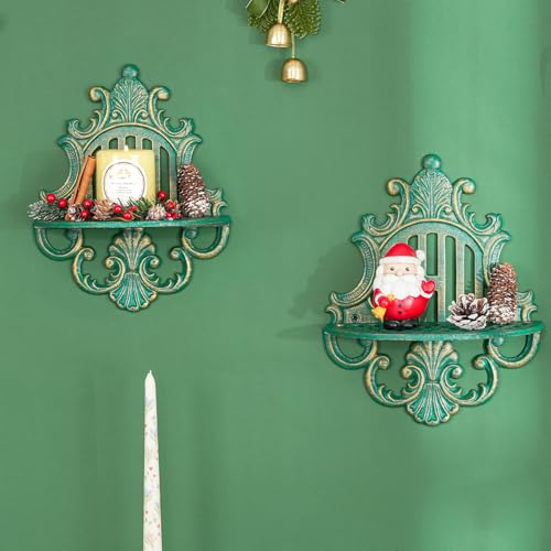 Sungmor 2PC Gothic Floating Shelves for Wall, Heavy-duty Cast Iron Wall Mounted Shelf, Small Old-fashioned Wall Display Ledges, Pretty Greenish-blue Wall Hanging Shelves for Indoor Outdoor Wall Decor - Image 3