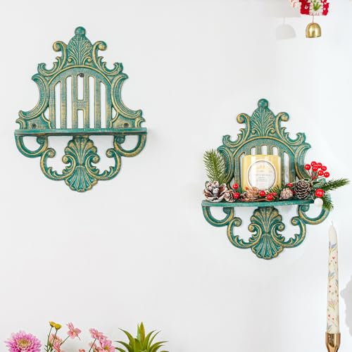 Sungmor 2PC Gothic Floating Shelves for Wall, Heavy-duty Cast Iron Wall Mounted Shelf, Small Old-fashioned Wall Display Ledges, Pretty Greenish-blue Wall Hanging Shelves for Indoor Outdoor Wall Decor - Image 2