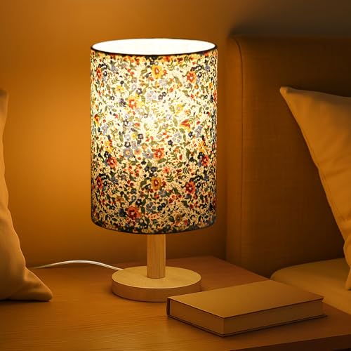 ABOUT SPACE Night Lamp-Floral Themed Bedside Reading Lamp With Wooden Base For Night,Bed Room,Living Room,Home & Decor-Cylindrical Lamp Shades For Living Room With Light (Bulb Included),Incandescent - Image 1