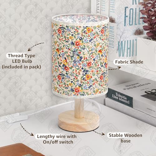 ABOUT SPACE Night Lamp-Floral Themed Bedside Reading Lamp With Wooden Base For Night,Bed Room,Living Room,Home & Decor-Cylindrical Lamp Shades For Living Room With Light (Bulb Included),Incandescent - Image 3