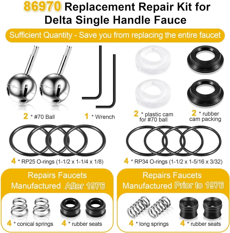 Enhon Faucet Cartridge Repair Kit, Compatible with Deltal/Perless 86970 Single Handle Faucet, #70 Ball Valves and Lever Handles, Fix Dripping Faucets, Stainless Steel(4 Packs) - Image 3