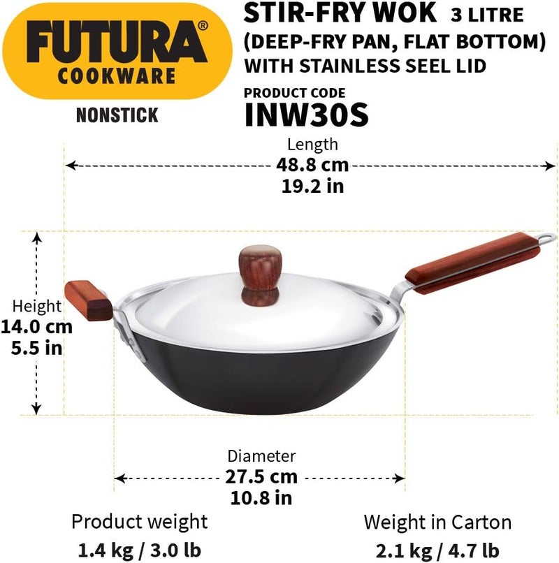 Hawkins Futura Nonstick Stir-Fry Wok 3 Litre with Stainless Steel Lid - Image 3