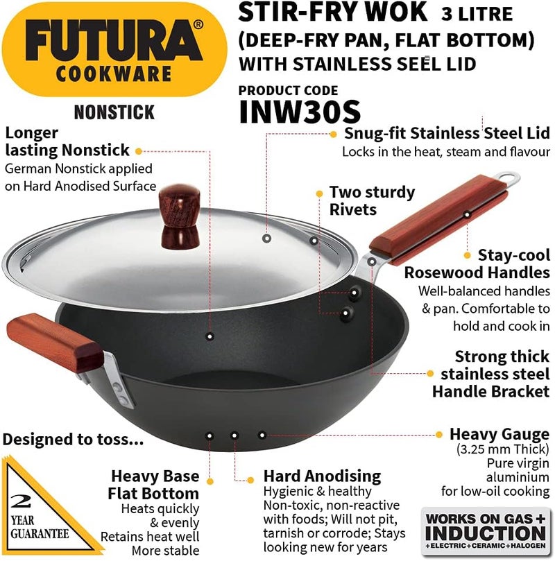 Hawkins Futura Nonstick Stir-Fry Wok 3 Litre with Stainless Steel Lid - Image 2