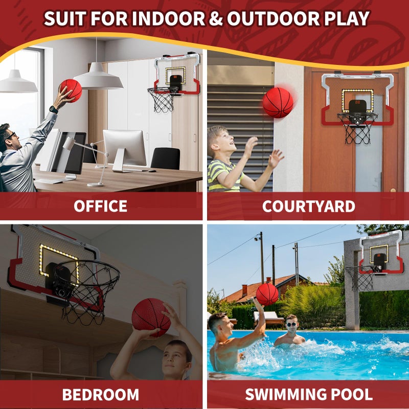 HYES Mini Basketball Hoop Indoor with ScoreboardLED Light Glow in The Dark Door Basketball Hoop Basketball Toy Gifts for Kids Boys Girls Teens Adults Suit for BedroomOfficeOutdoorPool Red - Image 3