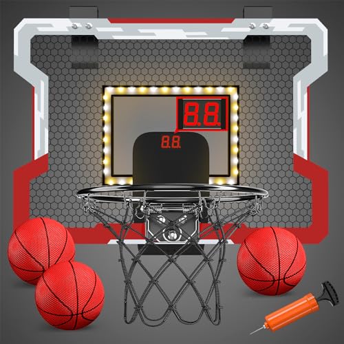 HYES Mini Basketball Hoop Indoor with ScoreboardLED Light Glow in The Dark Door Basketball Hoop Basketball Toy Gifts for Kids Boys Girls Teens Adults Suit for BedroomOfficeOutdoorPool Red - Image 1