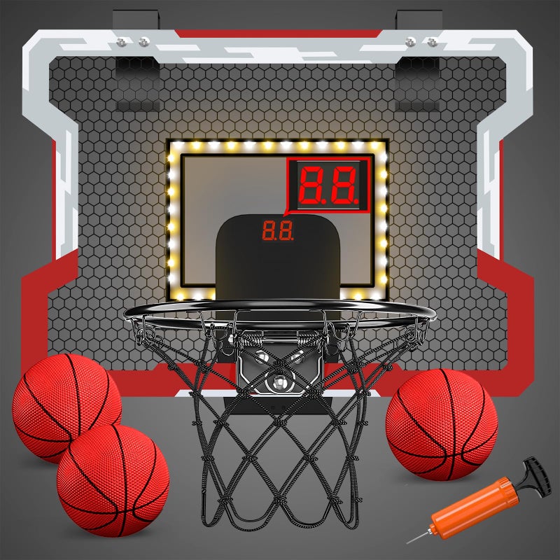 HYES Mini Basketball Hoop Indoor with ScoreboardLED Light Glow in The Dark Door Basketball Hoop Basketball Toy Gifts for Kids Boys Girls Teens Adults Suit for BedroomOfficeOutdoorPool Red - Image 2
