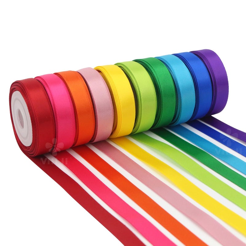 MEEDEE Rainbow Ribbon Solid Color Assortment 10 Colors Double Face Satin Ribbon for Gift Wrapping Happy Birthday Party Decorations, 3/8" X 5 Yard Each Total 50 Yds Per Package - Image 1
