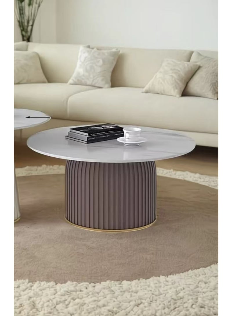 C&C Home طاولة قهوة دائرية حديثة من الرخام - طاولة مركزية أنيقة بقاعدة منقوشة - أثاث مميز متين لغرفة المعيشة، الأريكة والصالون - Image 1
