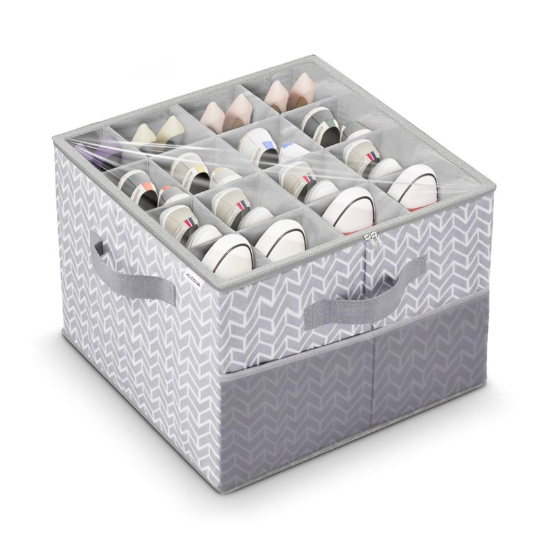 ALCOVA Shoe Organizer for Closet, Shoe Storage Box with Clear Cover, Foldable Shoe Storage Box, Fits up to 12-16 Pairs, Gray - Image 1