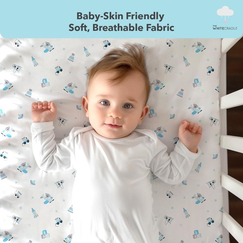 The White Cradle Cotton Baby Crib Fitted Bed Sheets for Cot Organic Twill Fabric Baby Bedding for New Born Infants Toddlers 55x28 Pack of 2 The White Cradle Blue Bear 1 and 2 - Image 4