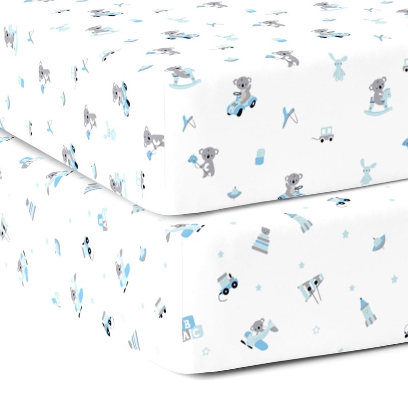 The White Cradle Cotton Baby Crib Fitted Bed Sheets for Cot Organic Twill Fabric Baby Bedding for New Born Infants Toddlers 55x28 Pack of 2 The White Cradle Blue Bear 1 and 2 - Image 1