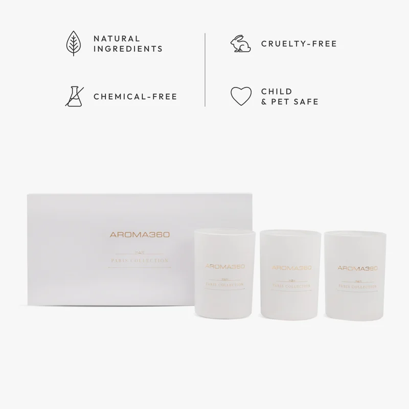 AROMA360 My Way - Paris Collection Candle Trio - Scented Candles with Essential Oils - Lush Sandalwood, Warm Virginia Cedar & Iris - Soy Candles - 80hr Burn - Set of 3