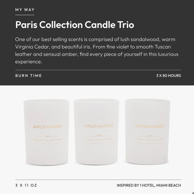 Aroma360  My Way - Paris Collection Candle Trio - Scented Candles with Essential Oils - Lush Sandalwood, Warm Virginia Cedar & Iris - Soy Candles - 80hr Burn - Set of 3  | Best Price UAE