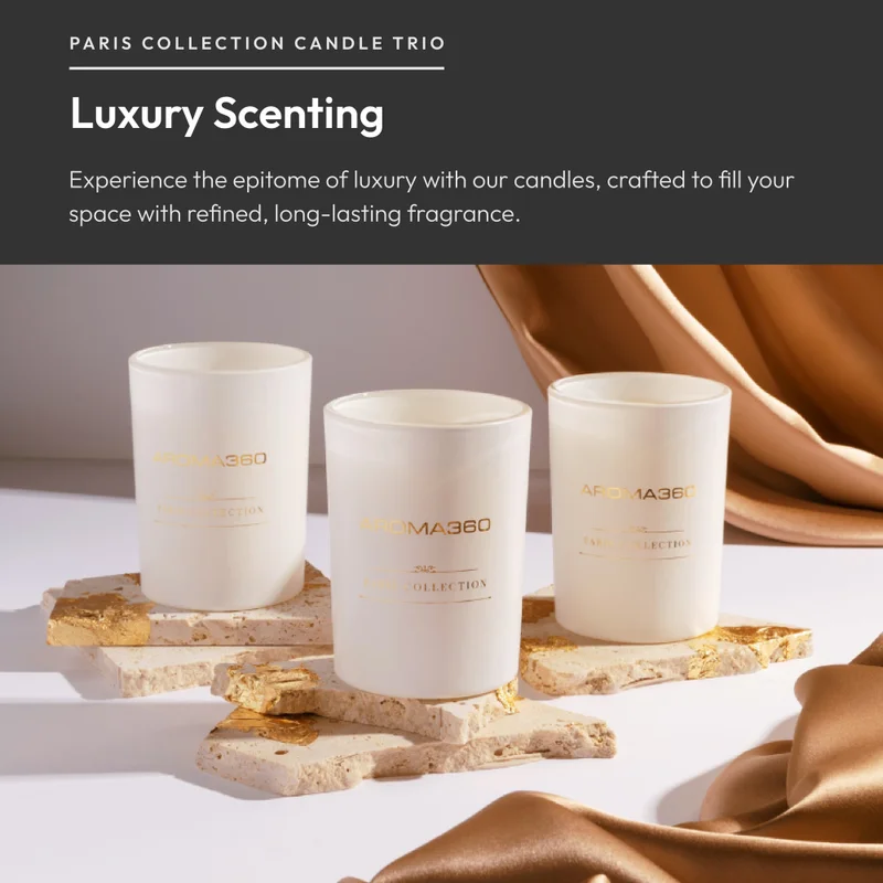 Aroma360  My Way - Paris Collection Candle Trio - Scented Candles with Essential Oils - Lush Sandalwood, Warm Virginia Cedar & Iris - Soy Candles - 80hr Burn - Set of 3  | Best Price UAE