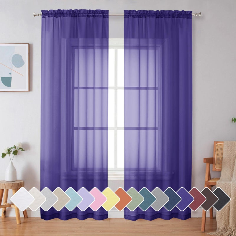 Simplebrand Purple Sheer Curtains 84 Inches Long, Light Filtering Rod Pocket Solid Color Window Sheer Curtain Panels, Elegant Curtains & Drapes for Living Room, Bedroom 2 Panels (Purple, 42" W) - Image 1