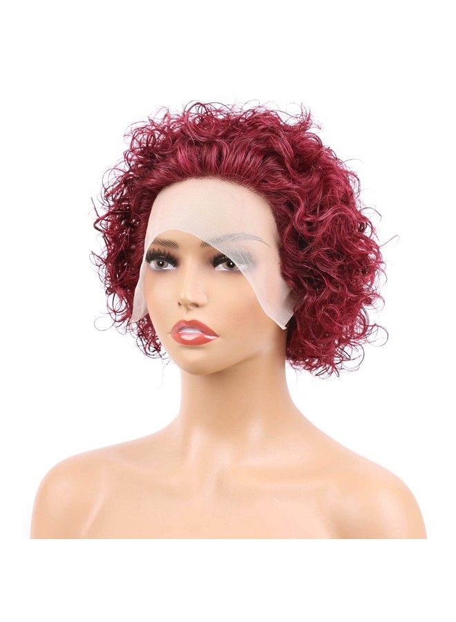 Czrleaty Pixie Cut Wig Human Hair Short Curly Lace Wig Wine Red Color Lace Front Wigs Human Hair 13X1 Transparent Lace Wig For Black Women (99J)  - Image 5