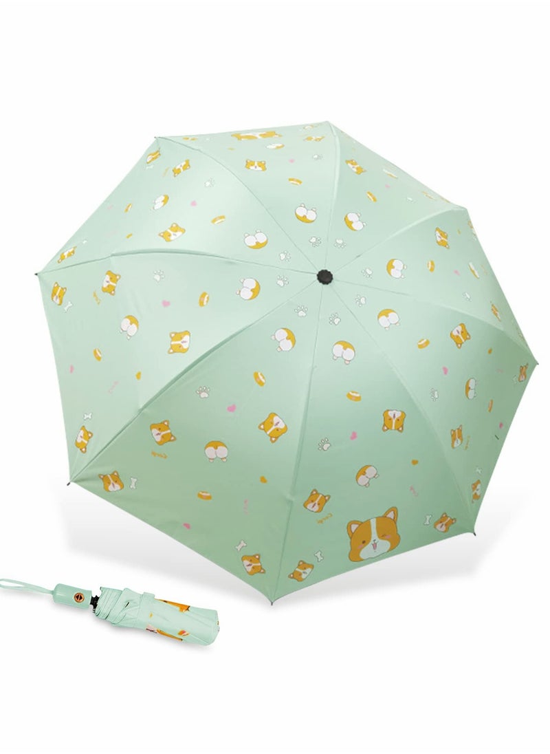 SYOSI - Automatic Umbrella, UV Protection Travel Windproof Golf Cartoon Umbrella, Double Canopy Vented Sun Rain Umbrella Stick Umbrellas (Dia 85cm, Light Green, Corgi) - Image 1