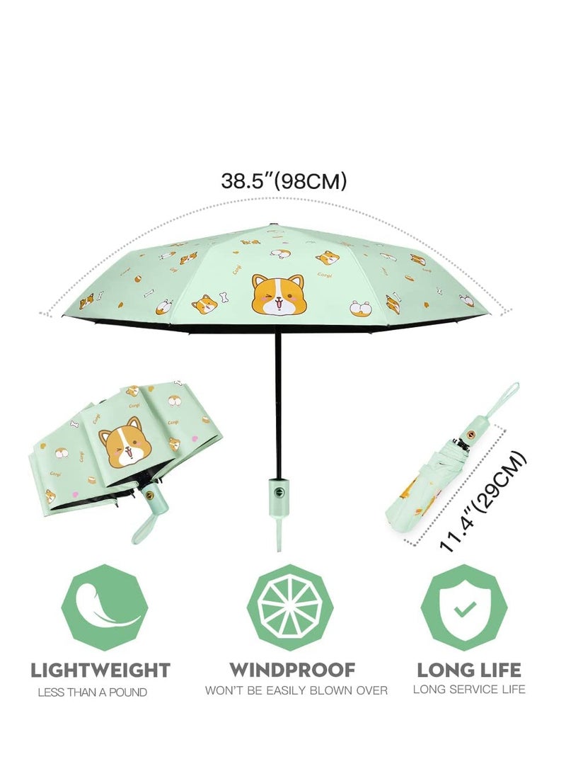 SYOSI - Automatic Umbrella, UV Protection Travel Windproof Golf Cartoon Umbrella, Double Canopy Vented Sun Rain Umbrella Stick Umbrellas (Dia 85cm, Light Green, Corgi) - Image 1