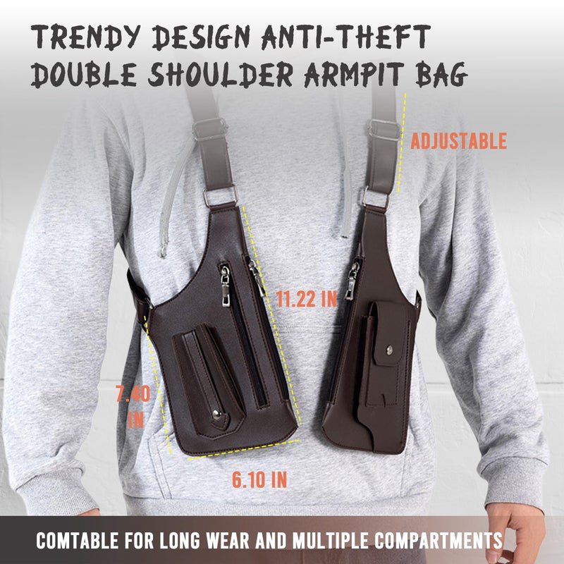 ocalil Double Shoulder Armpit Bag, 2026 New Men Anti-Theft Underarm Wallet Pocket Holster Phone Leisure Double Shoulder Pouch (brown) - Image 3
