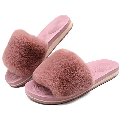 COFACE Womens Slides Fuzzy House Slippers for Women Open Toe Fluff Slippers With Arch Support Plantar Fasciitis Orthotic Slippers Women House Shoes Indoor Size 8.5 - Image 2