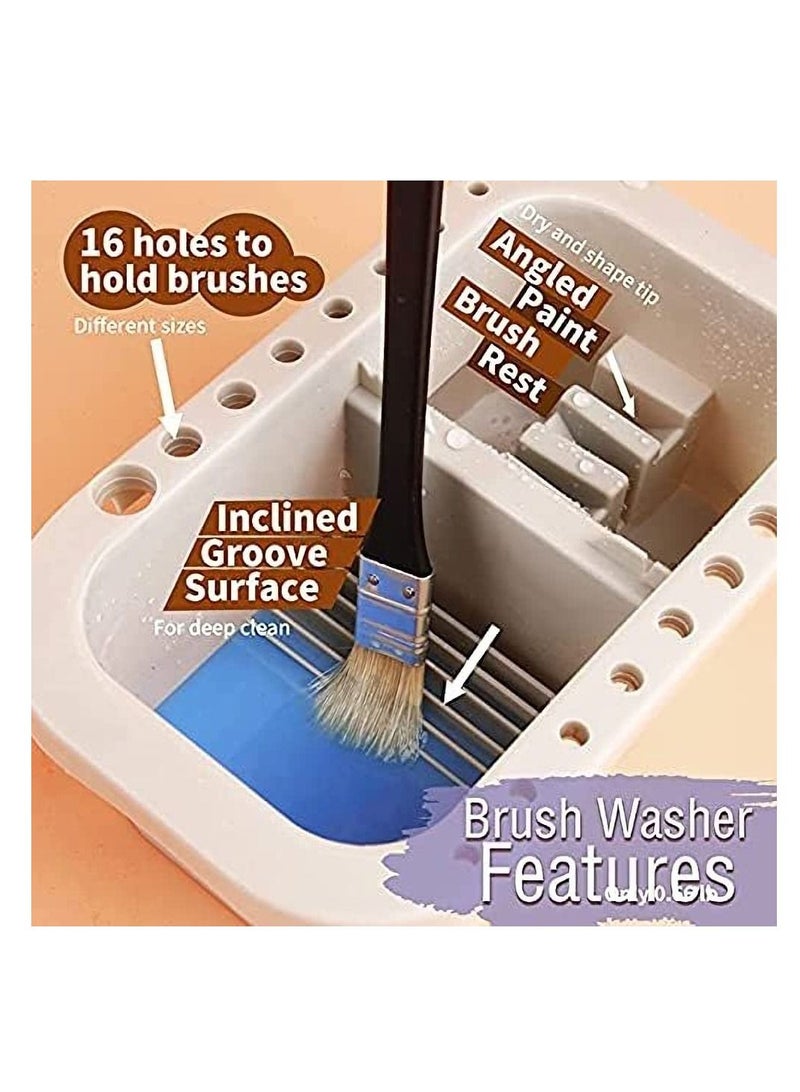 Excefore Multi Use Paint Brush Basin with Brushes Holder Washer Trays Palette Box Artist Cleaner Cup for Watercolor Oil Acrylic Gouache Painting Lid - Image 2