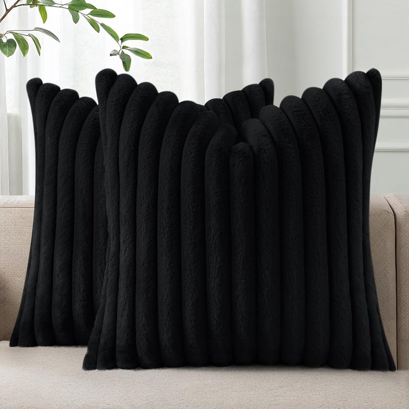 Pallene Faux Fur Plush Throw Pillow Covers 18x18 Set of 2, Luxury Soft Fluffy Striped Decorative Pillow Covers for Sofa, Couch, Living Room, Black - Image 1