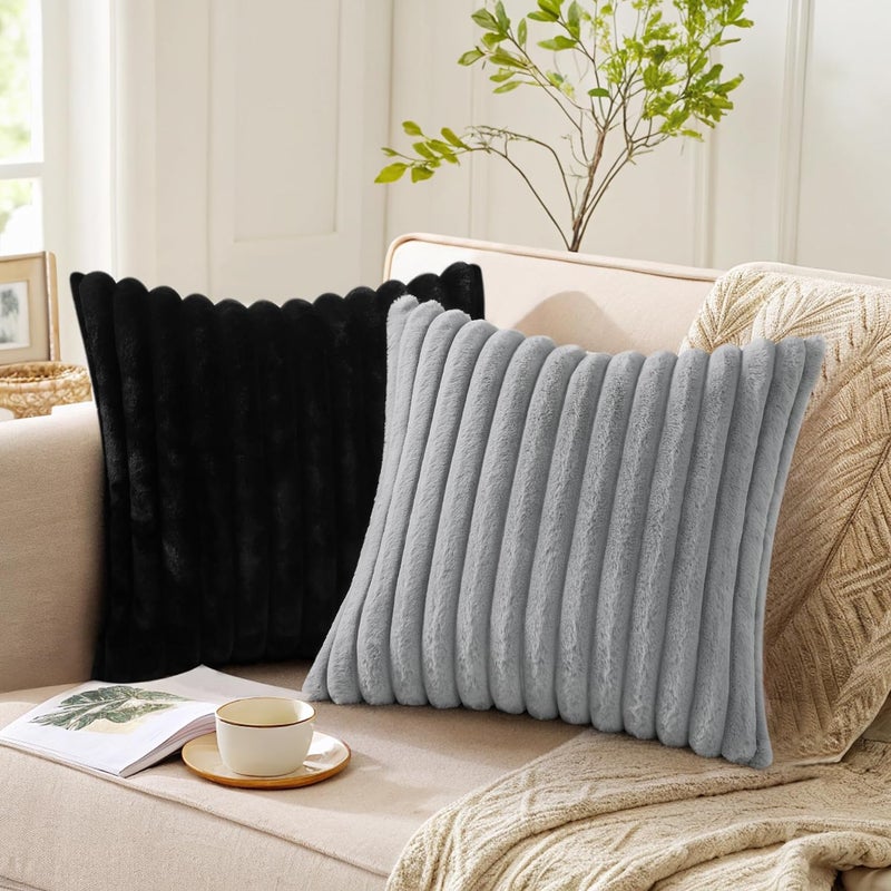 Pallene Faux Fur Plush Throw Pillow Covers 18x18 Set of 2, Luxury Soft Fluffy Striped Decorative Pillow Covers for Sofa, Couch, Living Room, Black - Image 4