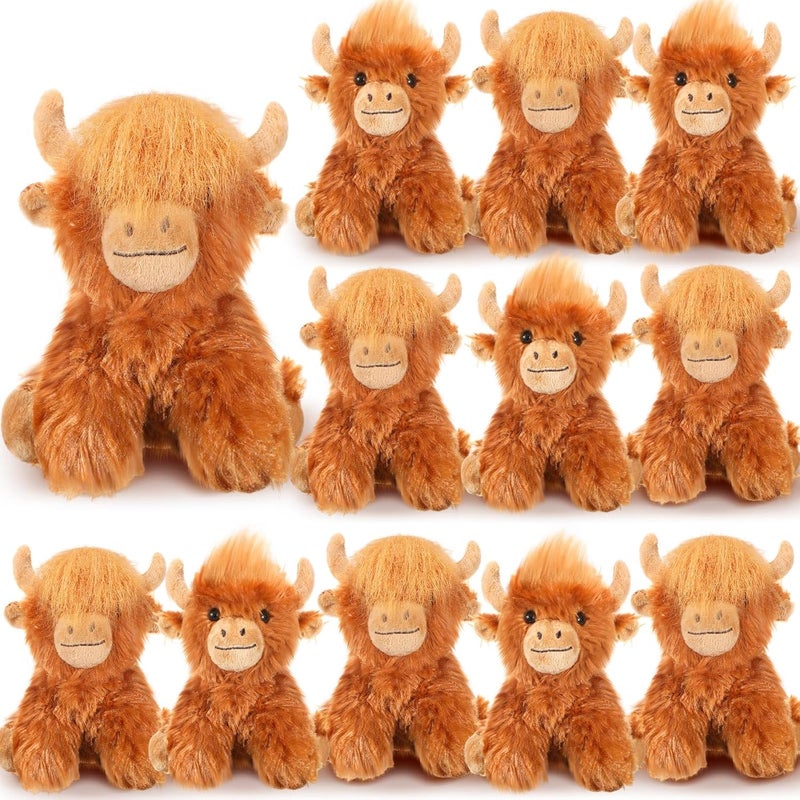 Blueweenly 12 Pcs Highland Cow Stuffed Animal Toy 6 Inch Brown Stuffed Highland Cow Plush Realistic Cattle Plushie Doll Gifts for Stress Relief Kids Boys Girls Presents Birthday Party Favors - Image 1