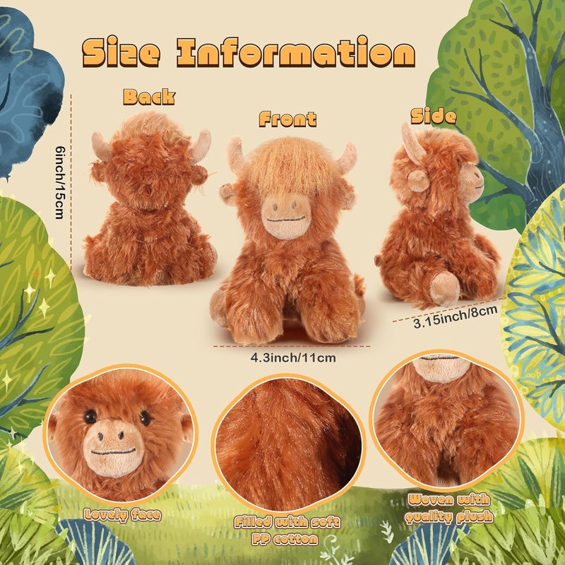 Blueweenly 12 Pcs Highland Cow Stuffed Animal Toy 6 Inch Brown Stuffed Highland Cow Plush Realistic Cattle Plushie Doll Gifts for Stress Relief Kids Boys Girls Presents Birthday Party Favors - Image 2