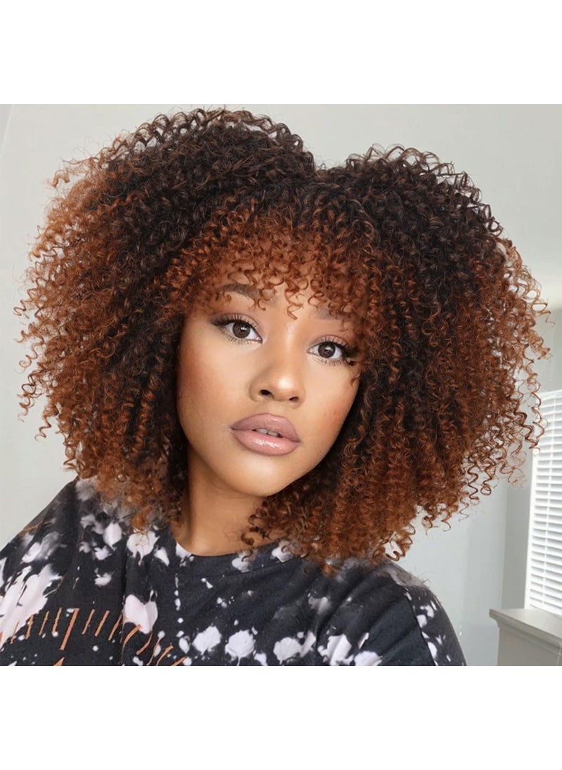Fancy Hair Fancy Hair Afro Curly with Bangs Kinky Curly Wig Synthetic Glueless Bomb Curly Wig for Black Women Ombre Brown 