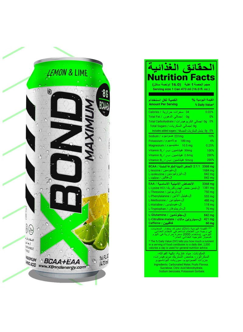 Xbond X-BOND 8g BCAA/EAA Lemon & Lime Maximum RecoveryExpanded Maximum Amino Drink - BCAA + EAA Electrolytes Drink - 16 fl oz (473 ml) -  Sugar Free 34 Calories, 60mg Caffeine Pack of 12 - Image 3
