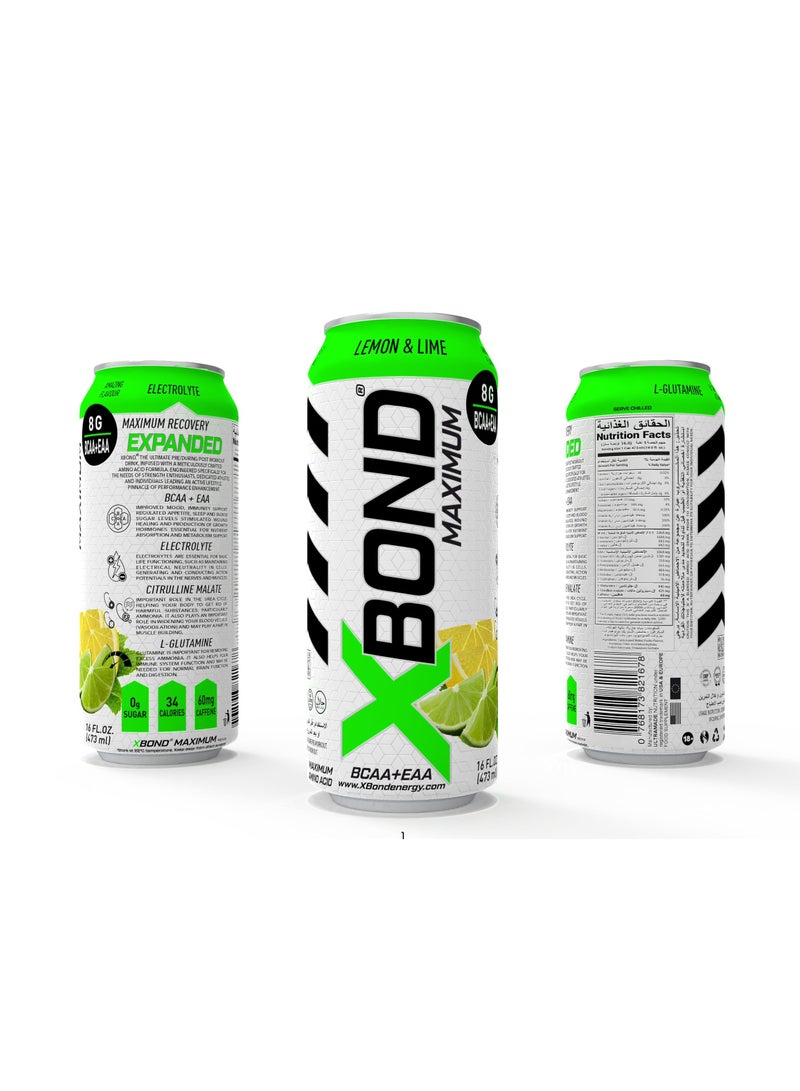 Xbond X-BOND 8g BCAA/EAA Lemon & Lime Maximum RecoveryExpanded Maximum Amino Drink - BCAA + EAA Electrolytes Drink - 16 fl oz (473 ml) -  Sugar Free 34 Calories, 60mg Caffeine Pack of 12 - Image 2