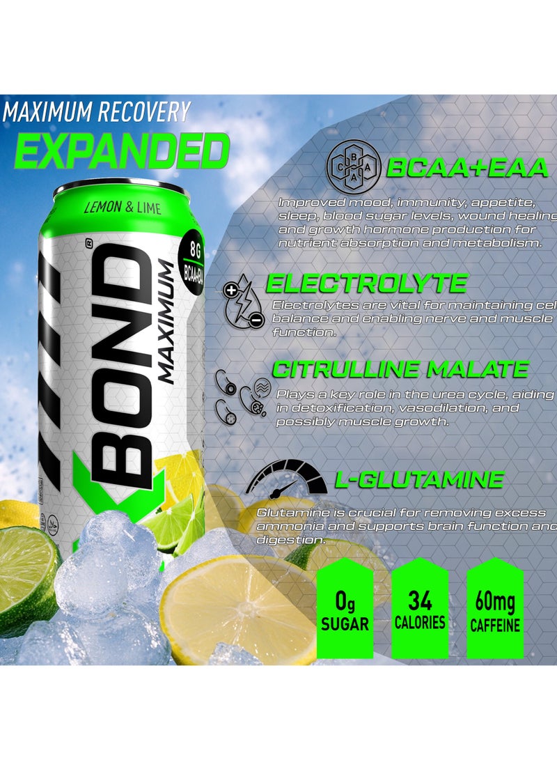 Xbond X-BOND 8g BCAA/EAA Lemon & Lime Maximum RecoveryExpanded Maximum Amino Drink - BCAA + EAA Electrolytes Drink - 16 fl oz (473 ml) -  Sugar Free 34 Calories, 60mg Caffeine Pack of 12 - Image 4