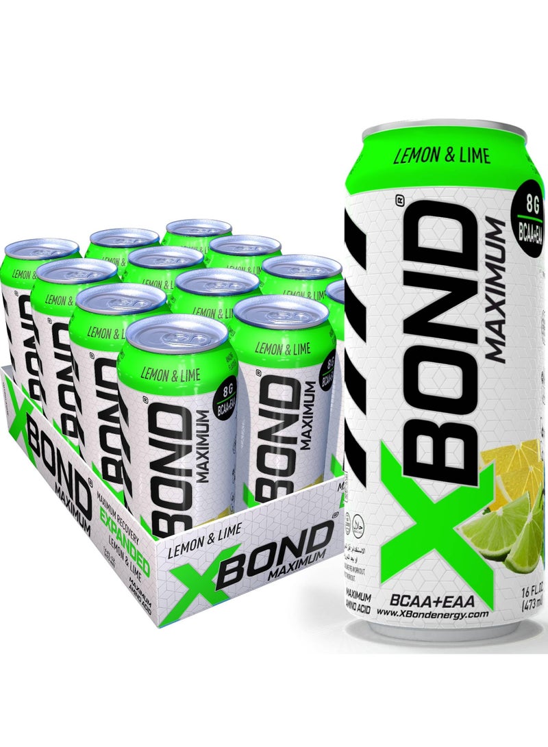 Xbond X-BOND 8g BCAA/EAA Lemon & Lime Maximum RecoveryExpanded Maximum Amino Drink - BCAA + EAA Electrolytes Drink - 16 fl oz (473 ml) -  Sugar Free 34 Calories, 60mg Caffeine Pack of 12 - Image 1