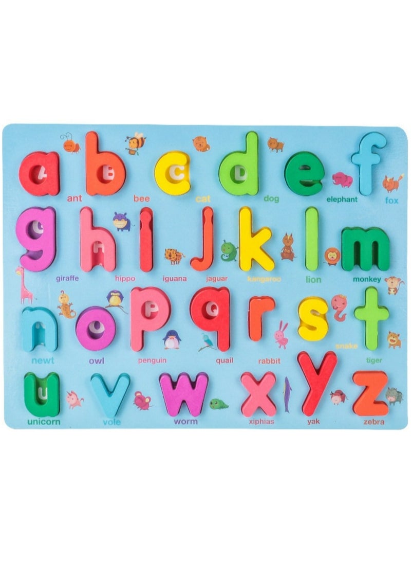 حقيبة صغيرة خشبية بسعر المصنع ABe Puzzle Alphabet مع ألعاب مطبوعة على شكل حيوانات للأطفال ، أحجية متعددة الألوان 26 قطعة ، ألعاب تعليمية وتعليمية خشبية للأولاد والبنات
